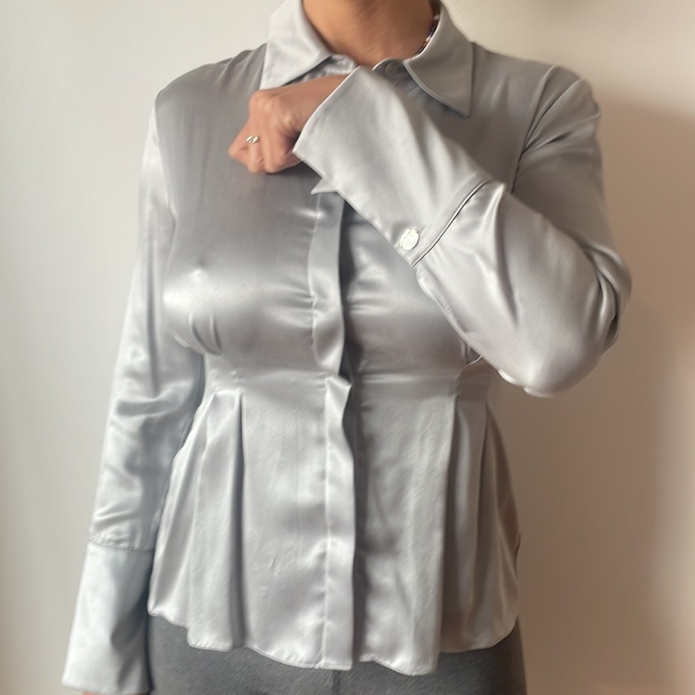 Top shop boutique buttoned silky shirt silver/light blue silver size 6